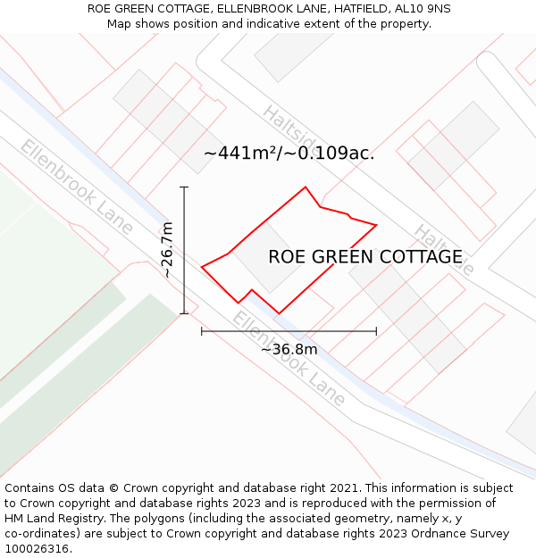 ROE GREEN COTTAGE, ELLENBROOK LANE, HATFIELD, AL10 9NS: Plot and title map