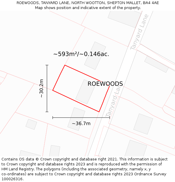 ROEWOODS, TANYARD LANE, NORTH WOOTTON, SHEPTON MALLET, BA4 4AE: Plot and title map