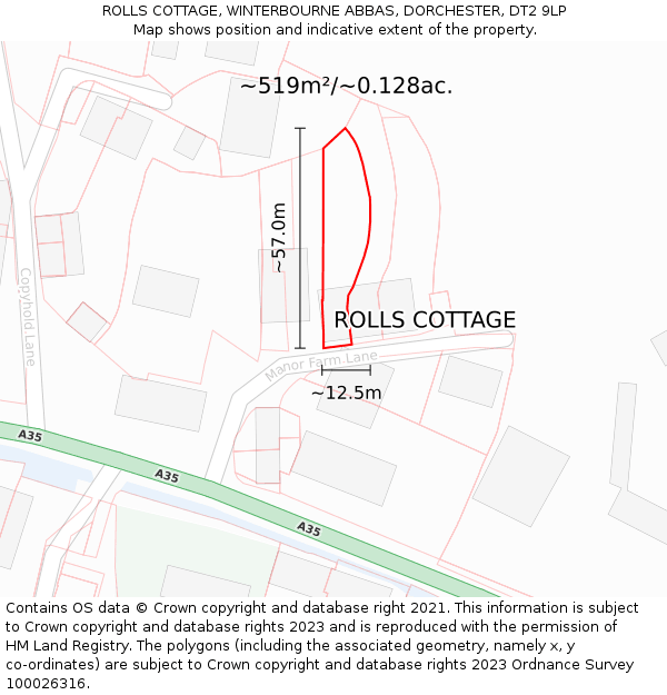 ROLLS COTTAGE, WINTERBOURNE ABBAS, DORCHESTER, DT2 9LP: Plot and title map