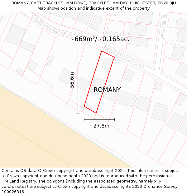 ROMANY, EAST BRACKLESHAM DRIVE, BRACKLESHAM BAY, CHICHESTER, PO20 8JH: Plot and title map