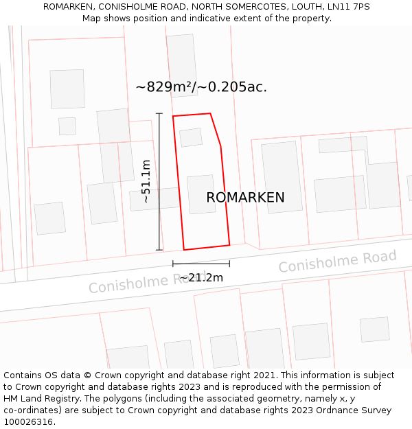 ROMARKEN, CONISHOLME ROAD, NORTH SOMERCOTES, LOUTH, LN11 7PS: Plot and title map