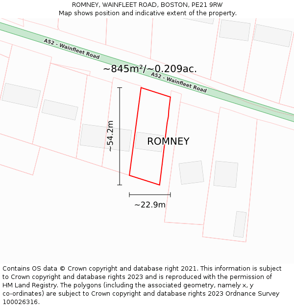 ROMNEY, WAINFLEET ROAD, BOSTON, PE21 9RW: Plot and title map