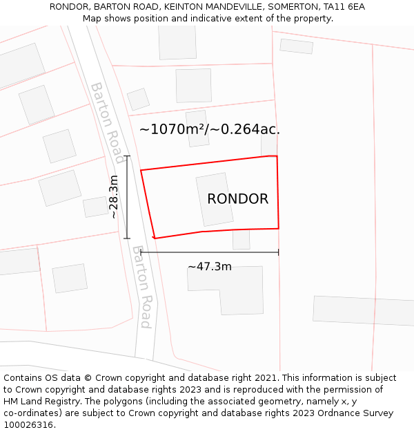 RONDOR, BARTON ROAD, KEINTON MANDEVILLE, SOMERTON, TA11 6EA: Plot and title map