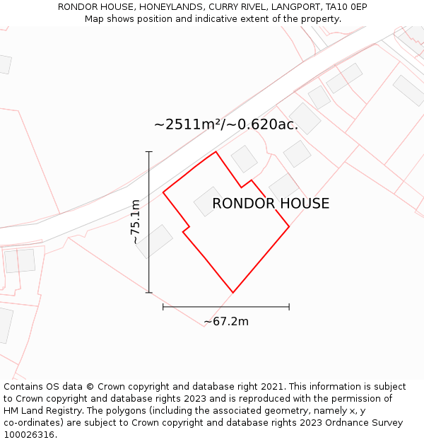 RONDOR HOUSE, HONEYLANDS, CURRY RIVEL, LANGPORT, TA10 0EP: Plot and title map