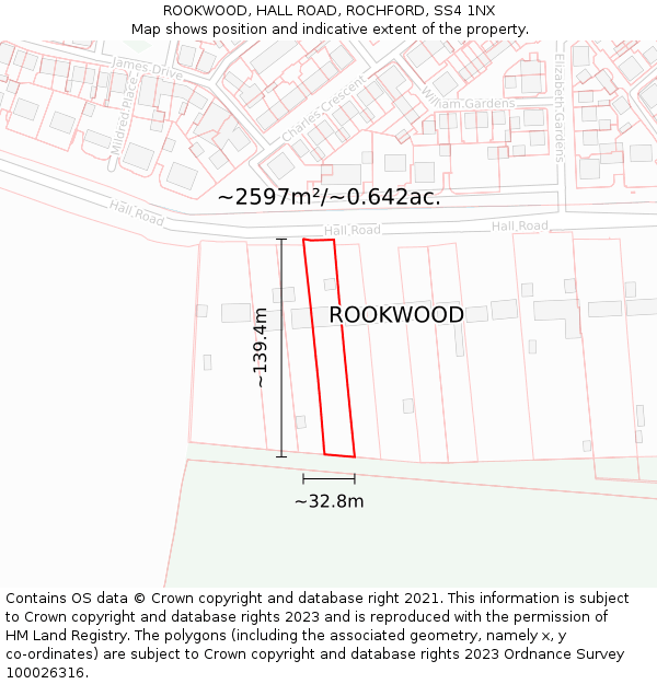 ROOKWOOD, HALL ROAD, ROCHFORD, SS4 1NX: Plot and title map