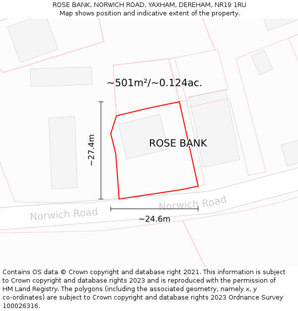 ROSE BANK, NORWICH ROAD, YAXHAM, DEREHAM, NR19 1RU: Plot and title map