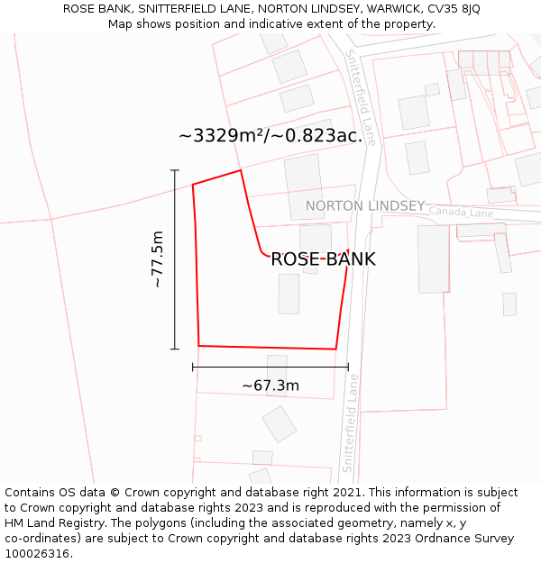 ROSE BANK, SNITTERFIELD LANE, NORTON LINDSEY, WARWICK, CV35 8JQ: Plot and title map