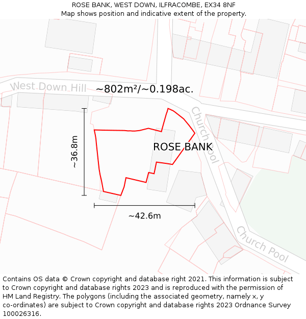 ROSE BANK, WEST DOWN, ILFRACOMBE, EX34 8NF: Plot and title map