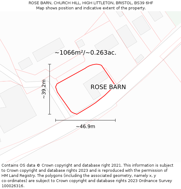 ROSE BARN, CHURCH HILL, HIGH LITTLETON, BRISTOL, BS39 6HF: Plot and title map