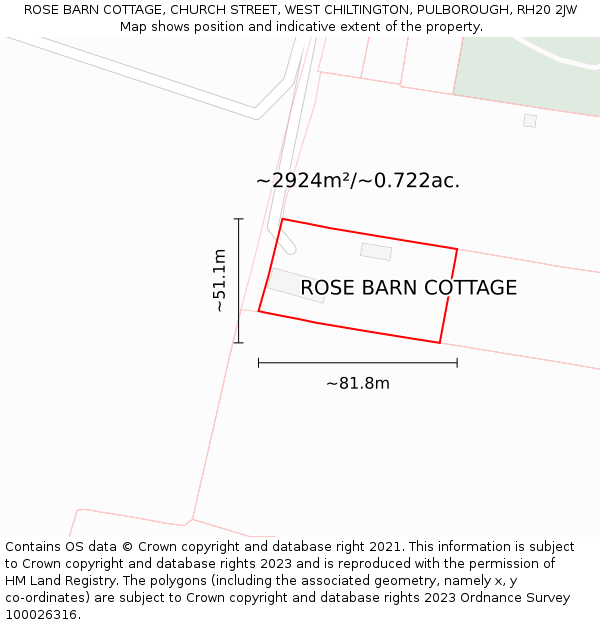 ROSE BARN COTTAGE, CHURCH STREET, WEST CHILTINGTON, PULBOROUGH, RH20 2JW: Plot and title map