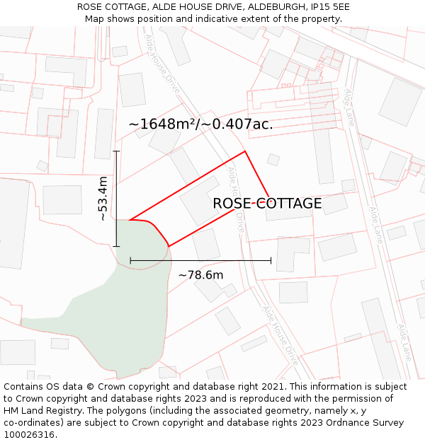 ROSE COTTAGE, ALDE HOUSE DRIVE, ALDEBURGH, IP15 5EE: Plot and title map
