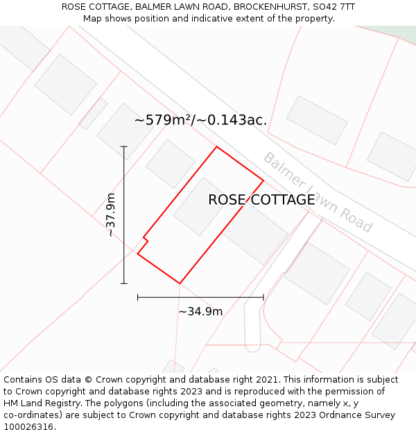 ROSE COTTAGE, BALMER LAWN ROAD, BROCKENHURST, SO42 7TT: Plot and title map