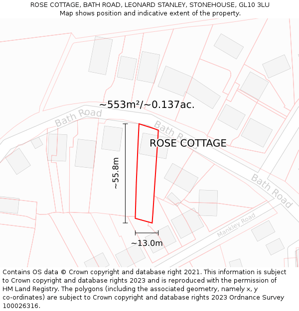 ROSE COTTAGE, BATH ROAD, LEONARD STANLEY, STONEHOUSE, GL10 3LU: Plot and title map