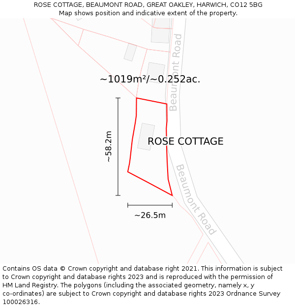 ROSE COTTAGE, BEAUMONT ROAD, GREAT OAKLEY, HARWICH, CO12 5BG: Plot and title map