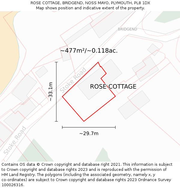 ROSE COTTAGE, BRIDGEND, NOSS MAYO, PLYMOUTH, PL8 1DX: Plot and title map