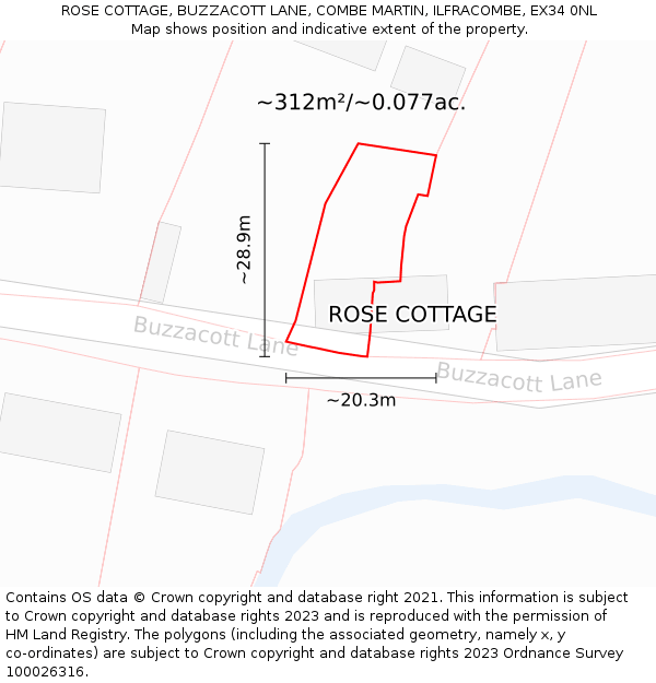 ROSE COTTAGE, BUZZACOTT LANE, COMBE MARTIN, ILFRACOMBE, EX34 0NL: Plot and title map