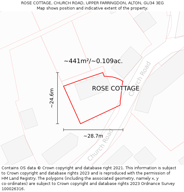 ROSE COTTAGE, CHURCH ROAD, UPPER FARRINGDON, ALTON, GU34 3EG: Plot and title map