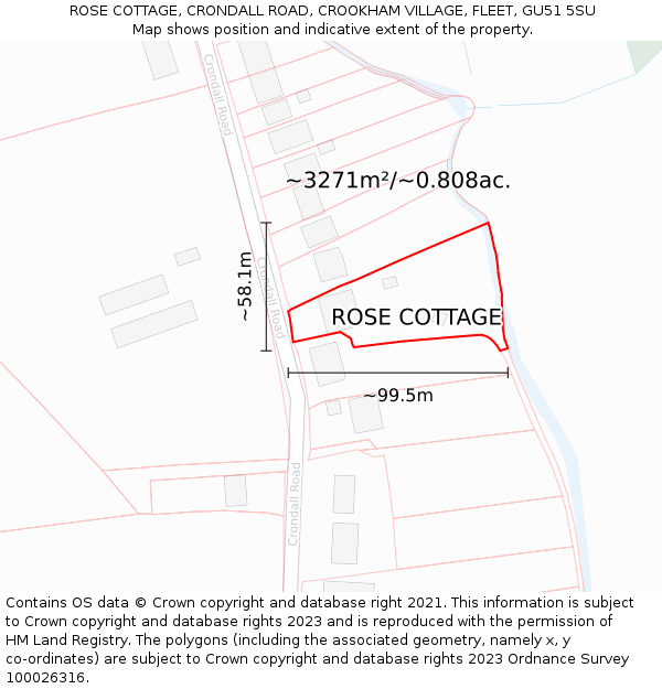 ROSE COTTAGE, CRONDALL ROAD, CROOKHAM VILLAGE, FLEET, GU51 5SU: Plot and title map