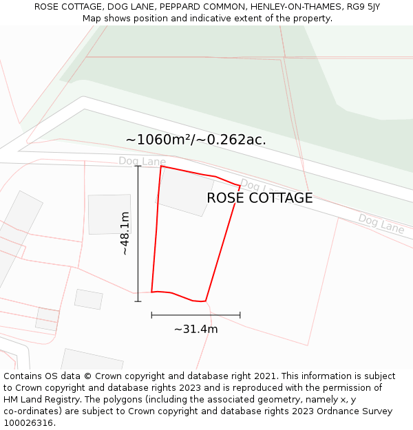 ROSE COTTAGE, DOG LANE, PEPPARD COMMON, HENLEY-ON-THAMES, RG9 5JY: Plot and title map