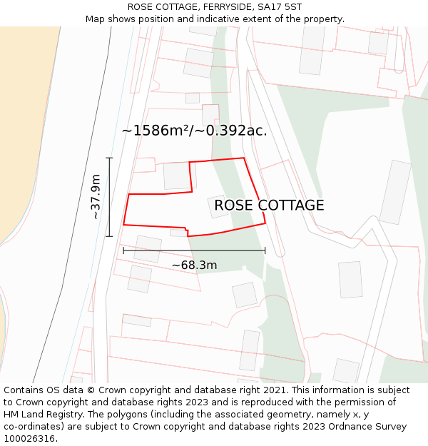 ROSE COTTAGE, FERRYSIDE, SA17 5ST: Plot and title map