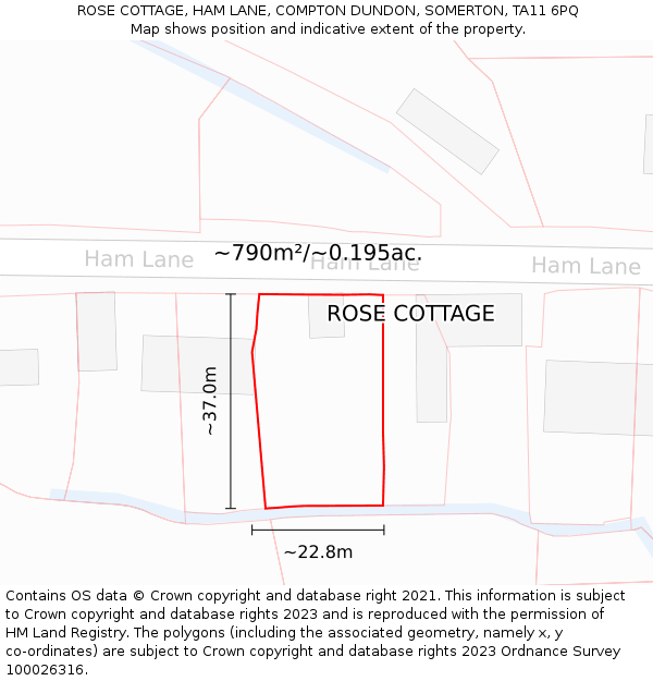 ROSE COTTAGE, HAM LANE, COMPTON DUNDON, SOMERTON, TA11 6PQ: Plot and title map