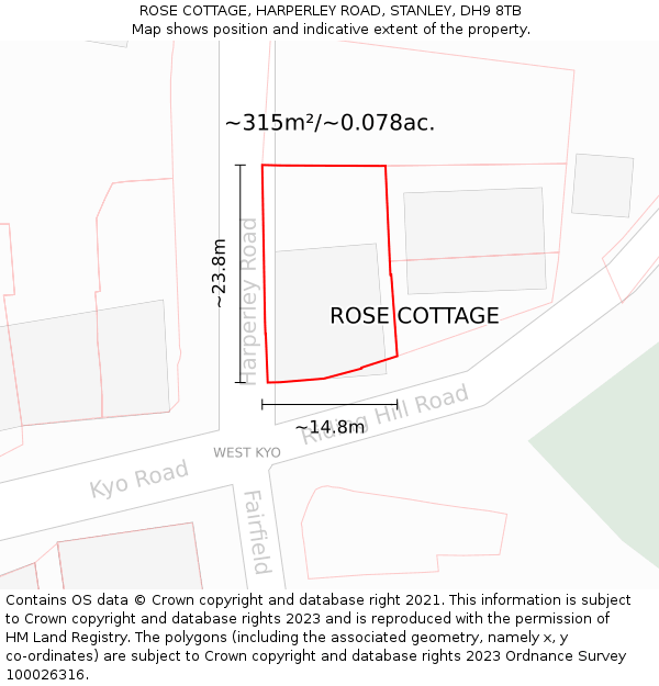 ROSE COTTAGE, HARPERLEY ROAD, STANLEY, DH9 8TB: Plot and title map