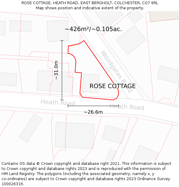 ROSE COTTAGE, HEATH ROAD, EAST BERGHOLT, COLCHESTER, CO7 6RL: Plot and title map