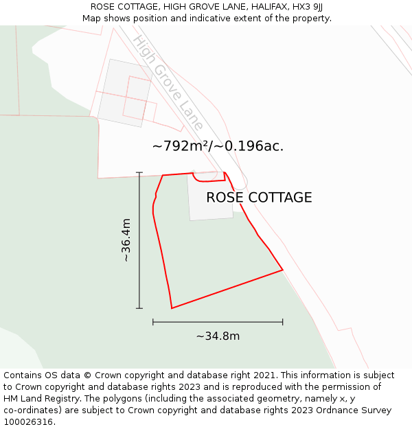 ROSE COTTAGE, HIGH GROVE LANE, HALIFAX, HX3 9JJ: Plot and title map