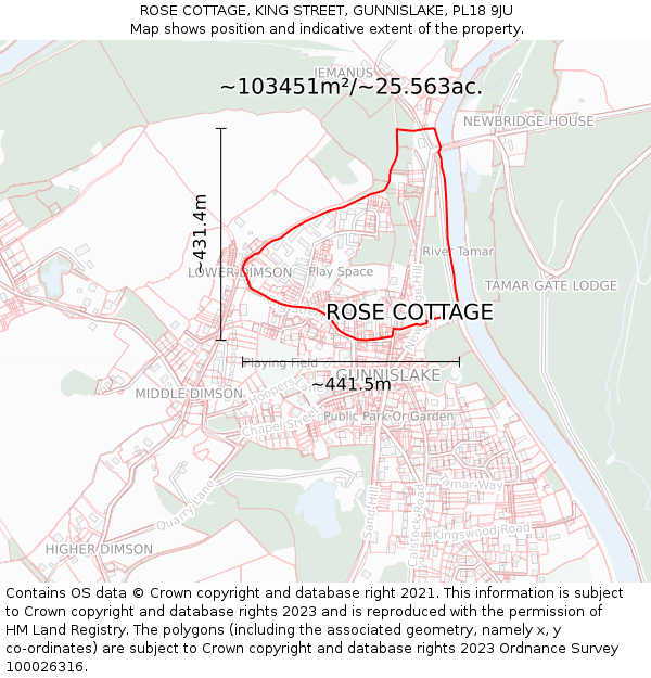 ROSE COTTAGE, KING STREET, GUNNISLAKE, PL18 9JU: Plot and title map
