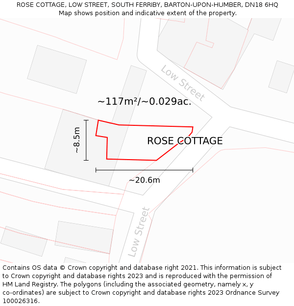 ROSE COTTAGE, LOW STREET, SOUTH FERRIBY, BARTON-UPON-HUMBER, DN18 6HQ: Plot and title map