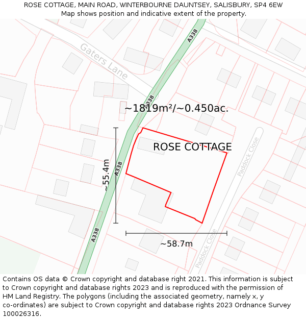 ROSE COTTAGE, MAIN ROAD, WINTERBOURNE DAUNTSEY, SALISBURY, SP4 6EW: Plot and title map