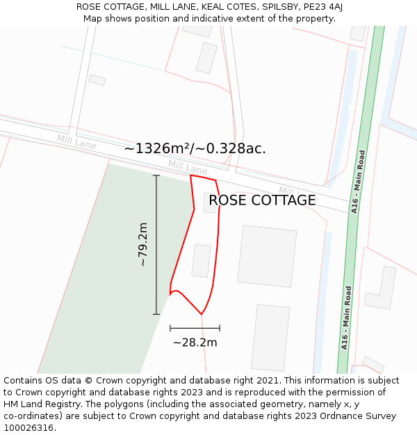 ROSE COTTAGE, MILL LANE, KEAL COTES, SPILSBY, PE23 4AJ: Plot and title map