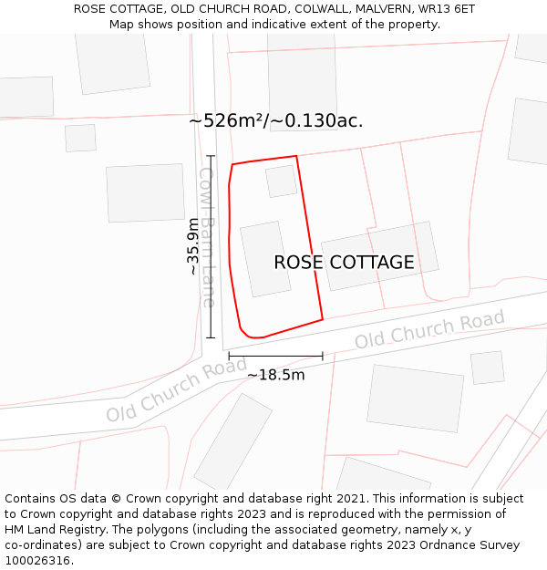 ROSE COTTAGE, OLD CHURCH ROAD, COLWALL, MALVERN, WR13 6ET: Plot and title map