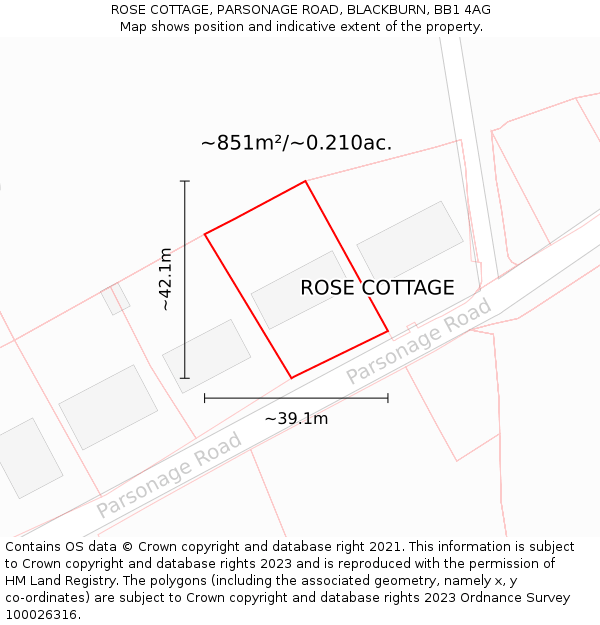 ROSE COTTAGE, PARSONAGE ROAD, BLACKBURN, BB1 4AG: Plot and title map