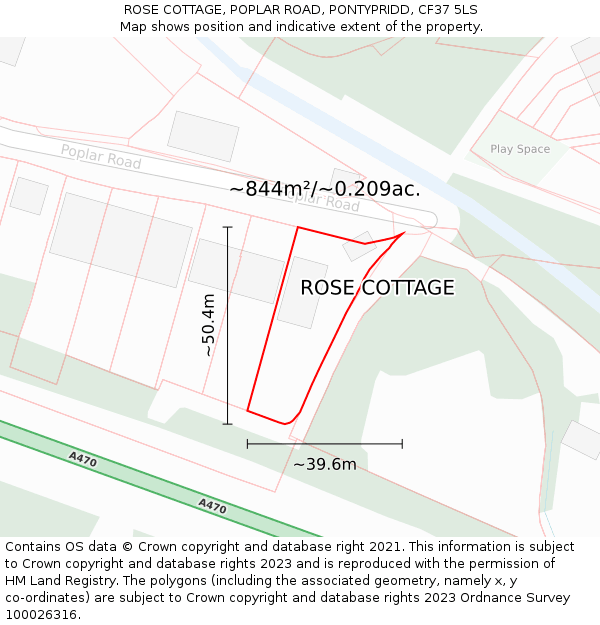 ROSE COTTAGE, POPLAR ROAD, PONTYPRIDD, CF37 5LS: Plot and title map