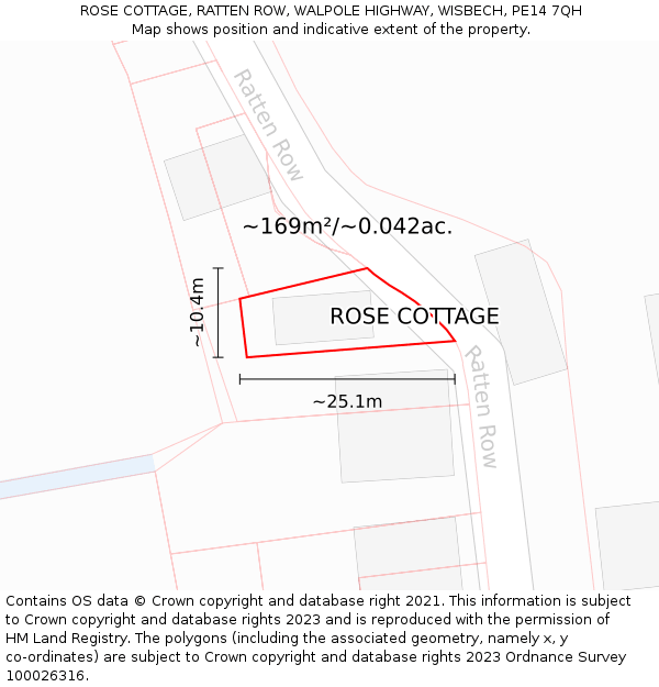 ROSE COTTAGE, RATTEN ROW, WALPOLE HIGHWAY, WISBECH, PE14 7QH: Plot and title map