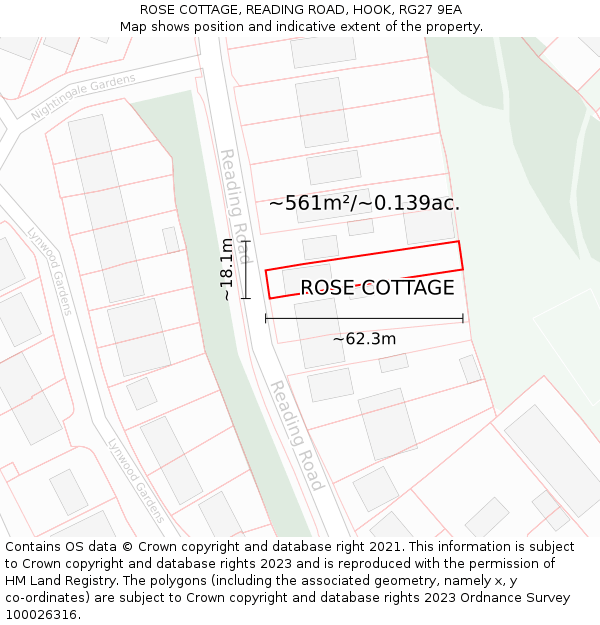 ROSE COTTAGE, READING ROAD, HOOK, RG27 9EA: Plot and title map