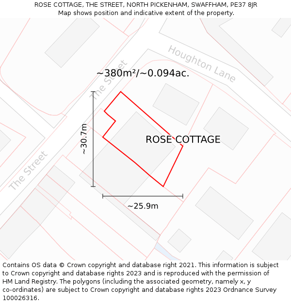 ROSE COTTAGE, THE STREET, NORTH PICKENHAM, SWAFFHAM, PE37 8JR: Plot and title map