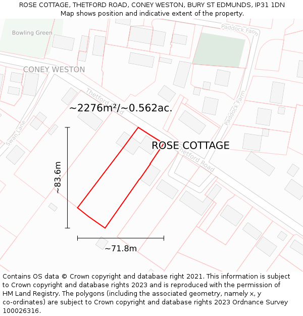 ROSE COTTAGE, THETFORD ROAD, CONEY WESTON, BURY ST EDMUNDS, IP31 1DN: Plot and title map