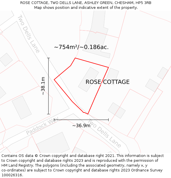 ROSE COTTAGE, TWO DELLS LANE, ASHLEY GREEN, CHESHAM, HP5 3RB: Plot and title map