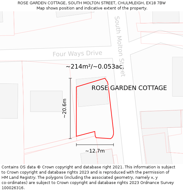 ROSE GARDEN COTTAGE, SOUTH MOLTON STREET, CHULMLEIGH, EX18 7BW: Plot and title map