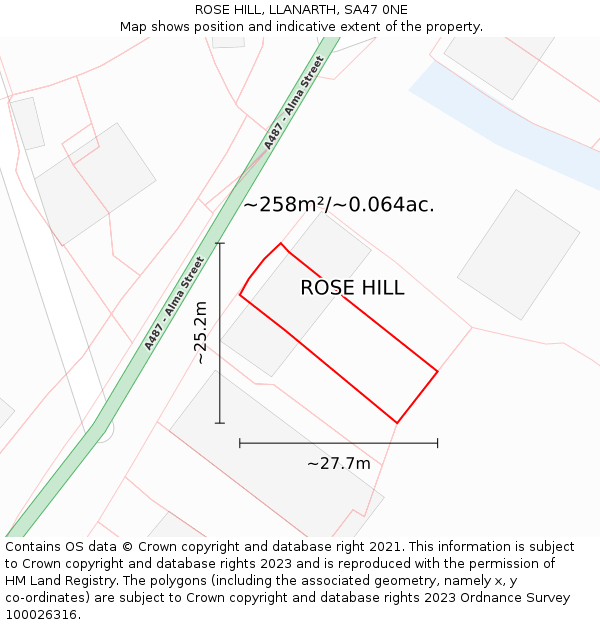 ROSE HILL, LLANARTH, SA47 0NE: Plot and title map