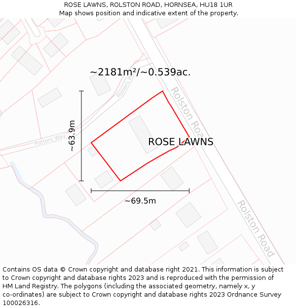 ROSE LAWNS, ROLSTON ROAD, HORNSEA, HU18 1UR: Plot and title map