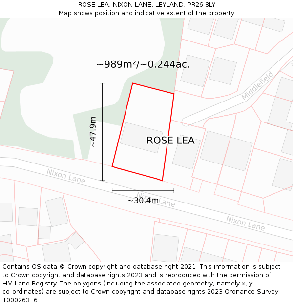 ROSE LEA, NIXON LANE, LEYLAND, PR26 8LY: Plot and title map