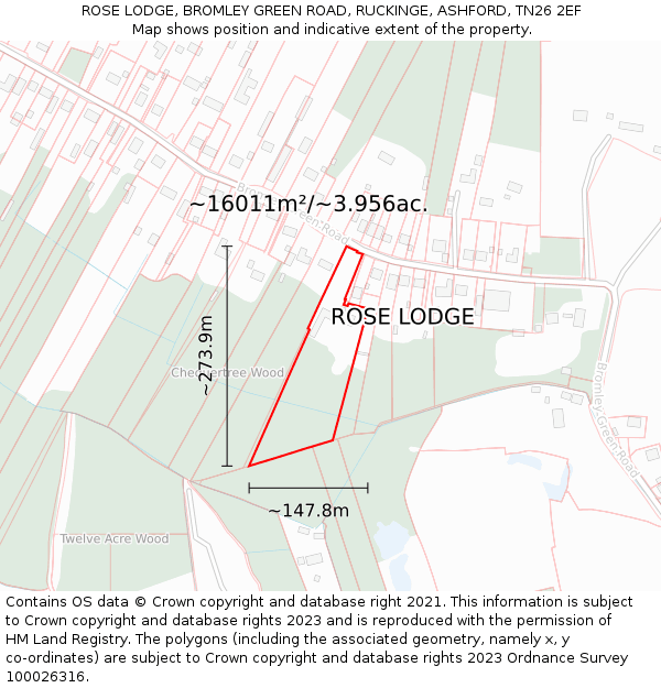 ROSE LODGE, BROMLEY GREEN ROAD, RUCKINGE, ASHFORD, TN26 2EF: Plot and title map