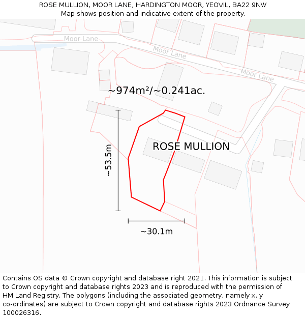 ROSE MULLION, MOOR LANE, HARDINGTON MOOR, YEOVIL, BA22 9NW: Plot and title map