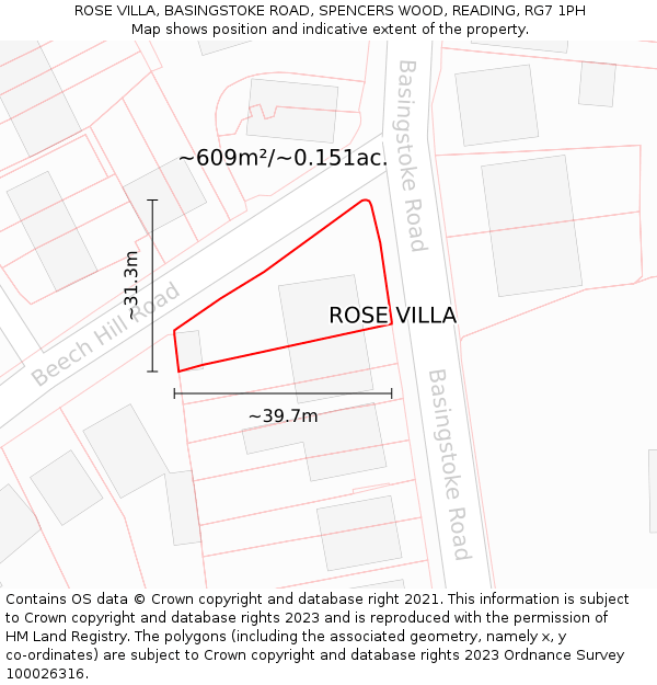 ROSE VILLA, BASINGSTOKE ROAD, SPENCERS WOOD, READING, RG7 1PH: Plot and title map