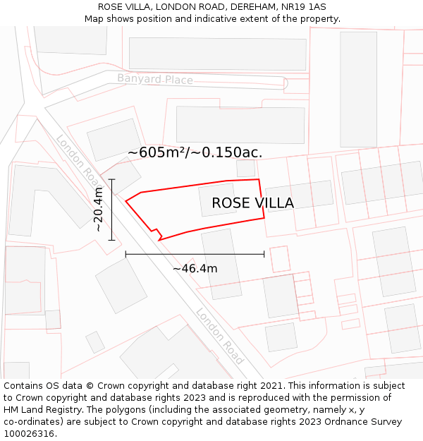 ROSE VILLA, LONDON ROAD, DEREHAM, NR19 1AS: Plot and title map