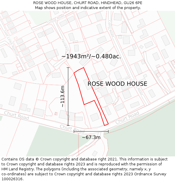 ROSE WOOD HOUSE, CHURT ROAD, HINDHEAD, GU26 6PE: Plot and title map