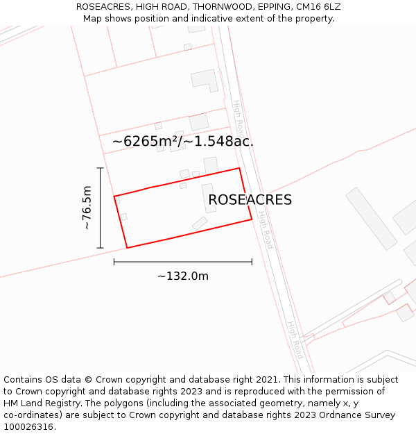 ROSEACRES, HIGH ROAD, THORNWOOD, EPPING, CM16 6LZ: Plot and title map